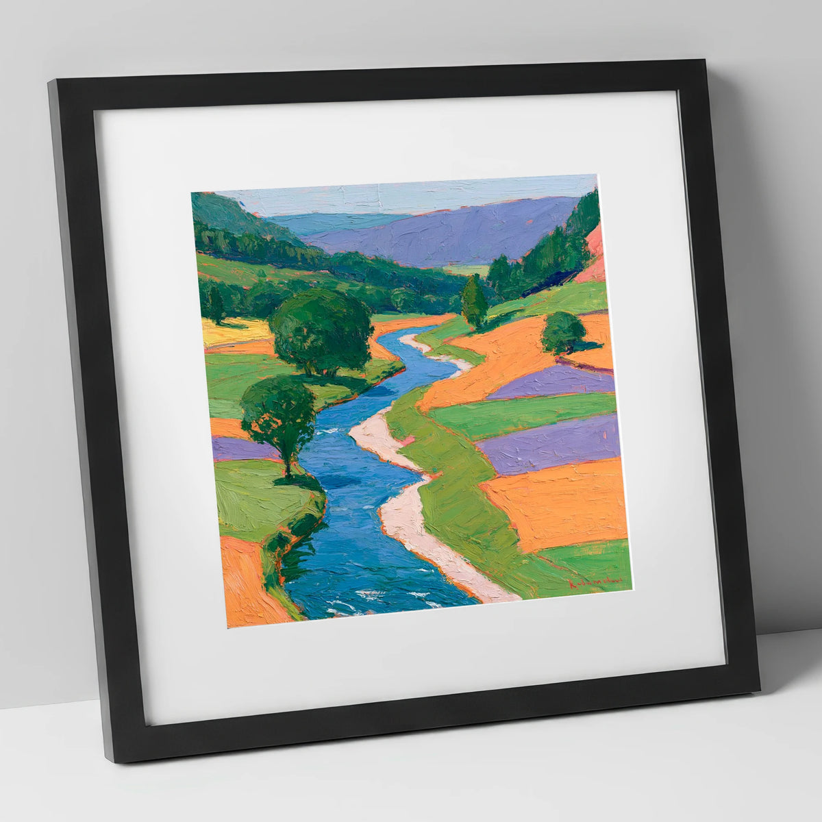 Electric Blue Winding River Valley lake district waterfall art print in black frame