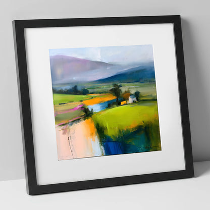 Vibrant Patchwork Valley Fields lake district valley art print in black frame
