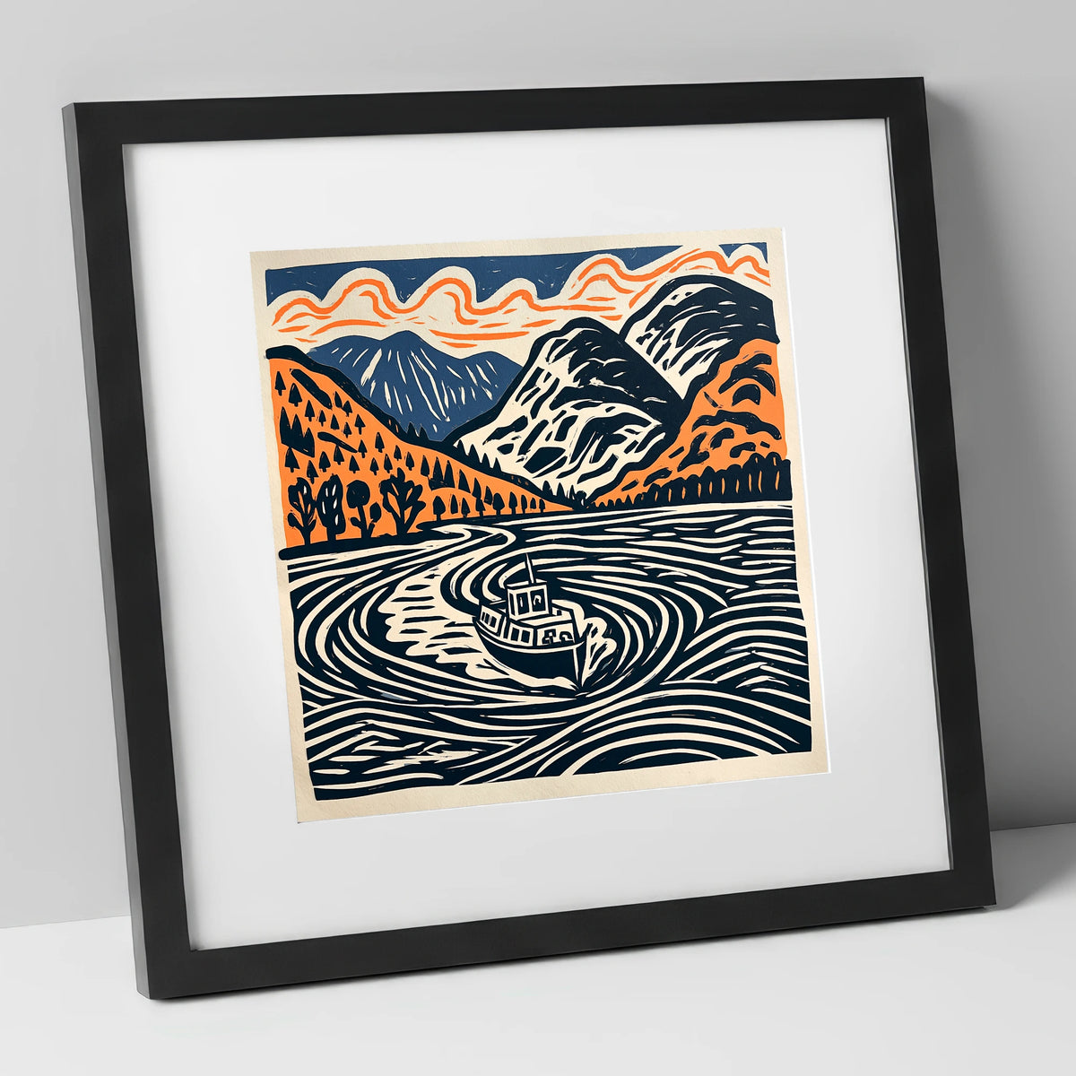Ullswater Steamer in Terracotta and Navy lake district lake art print in black frame