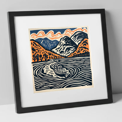 Ullswater Steamer in Terracotta and Navy lake district lake art print in black frame