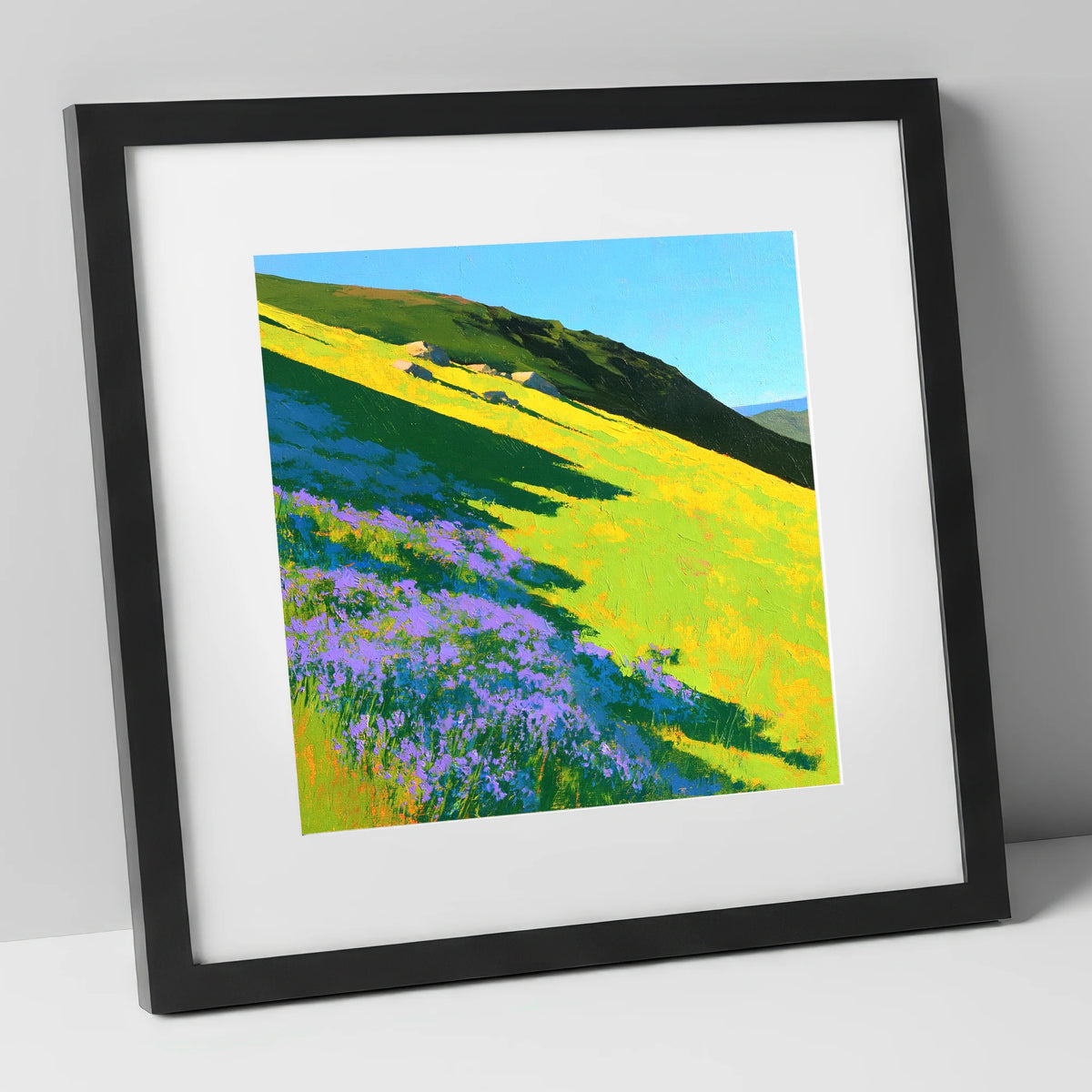 Purple Heather and Fellside Shadows flowers & fellsides art print in black frame