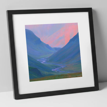 River Valley in Pink Twilight lake district waterfall art print in black frame