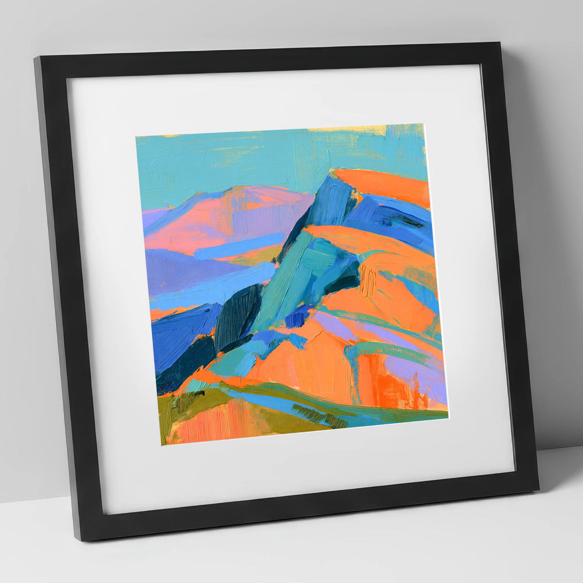 Bright Orange Fell Summit lake district fell art print in black frame