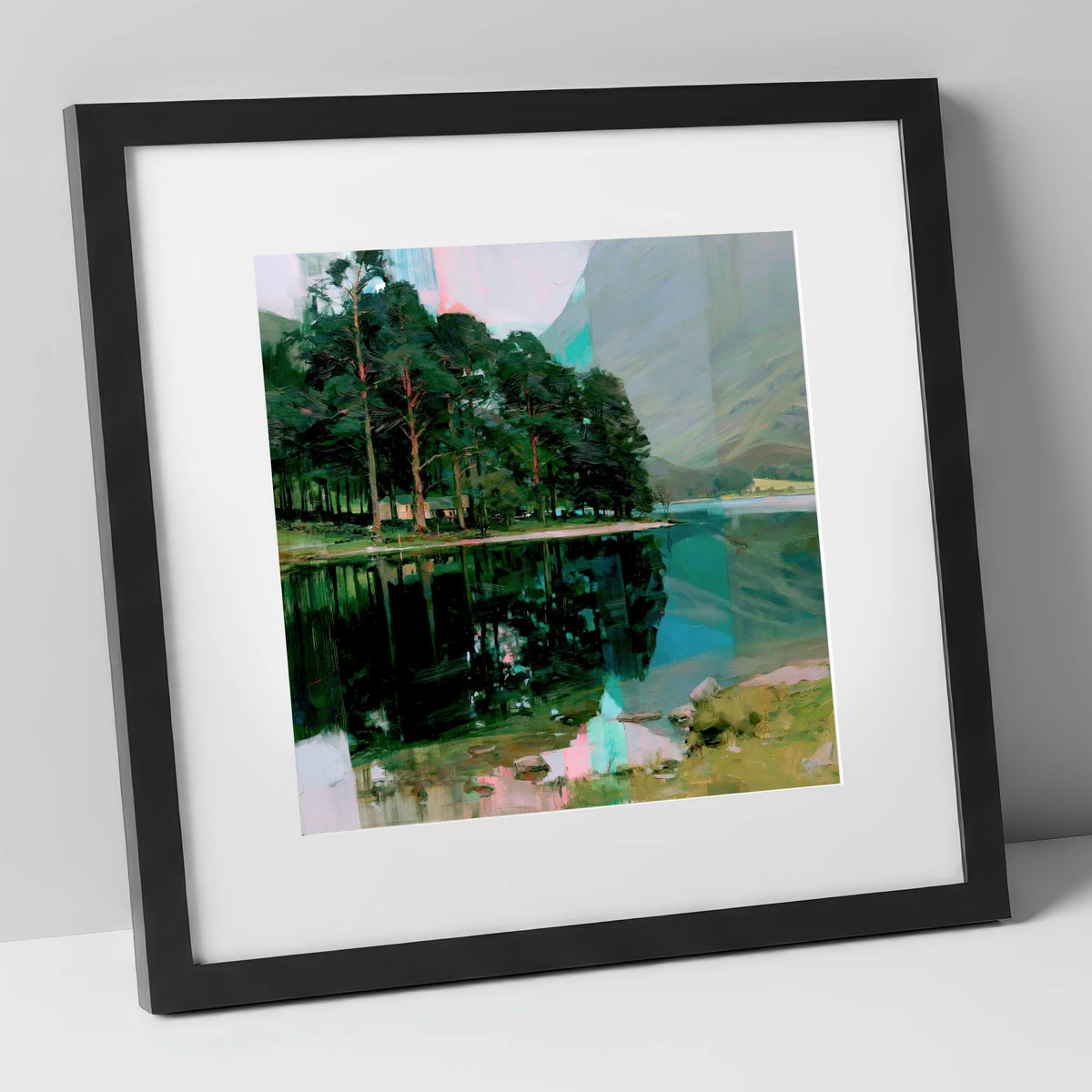Buttermere Pines in Modern Light lake district lake art print in black frame