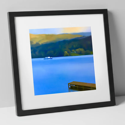 Jetty on Blue Coniston Water lake district lake art print in black frame
