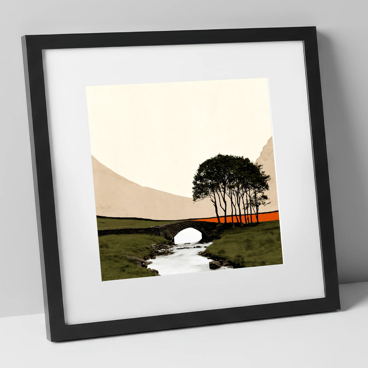 Stone Bridge With Silhouetted Trees lake district waterfall art print in black frame