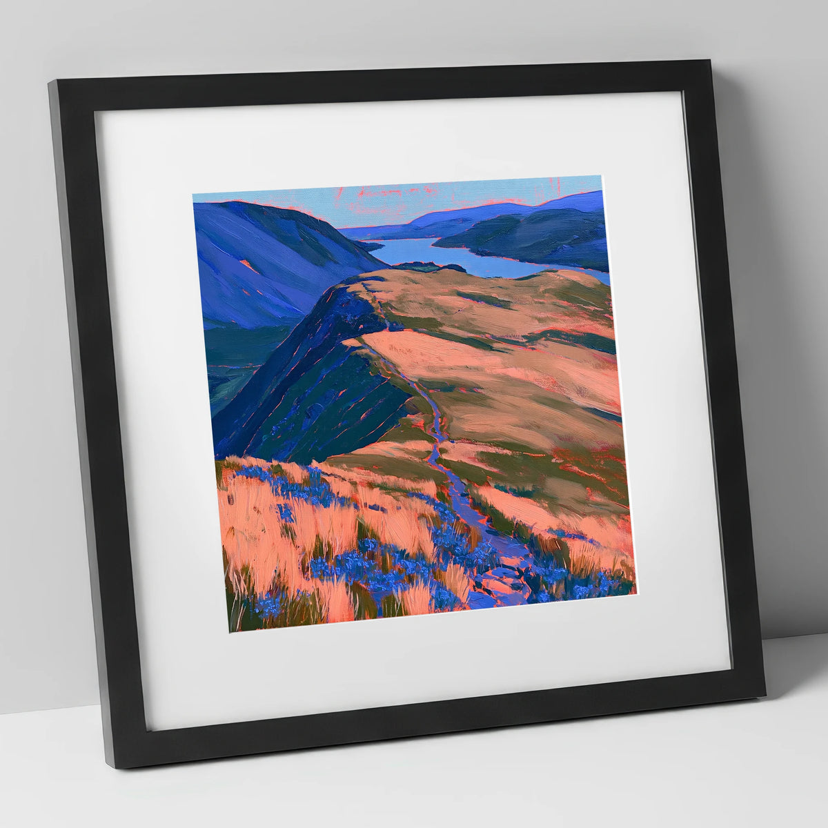 Beda Fell Ridge in Coral Light lake district village art print in black frame