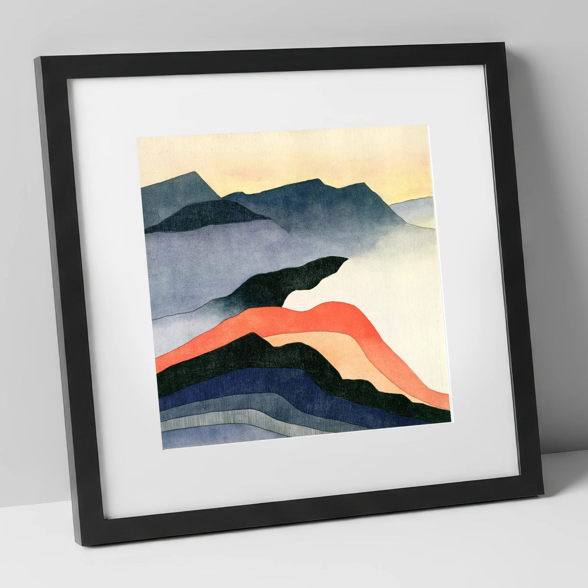 Terracotta Layered Summit View lake district fell art print in black frame