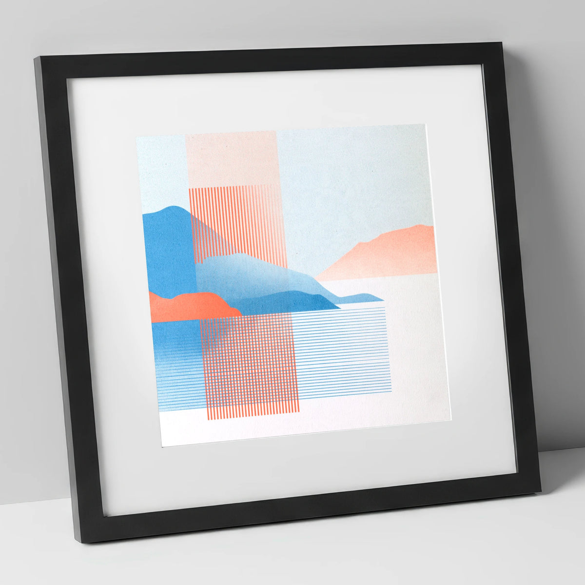 Derwentwater Fells Coral and Blue lake district lake art print in black frame
