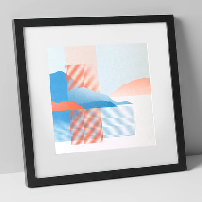 Derwentwater Fells Coral and Blue lake district lake art print in black frame