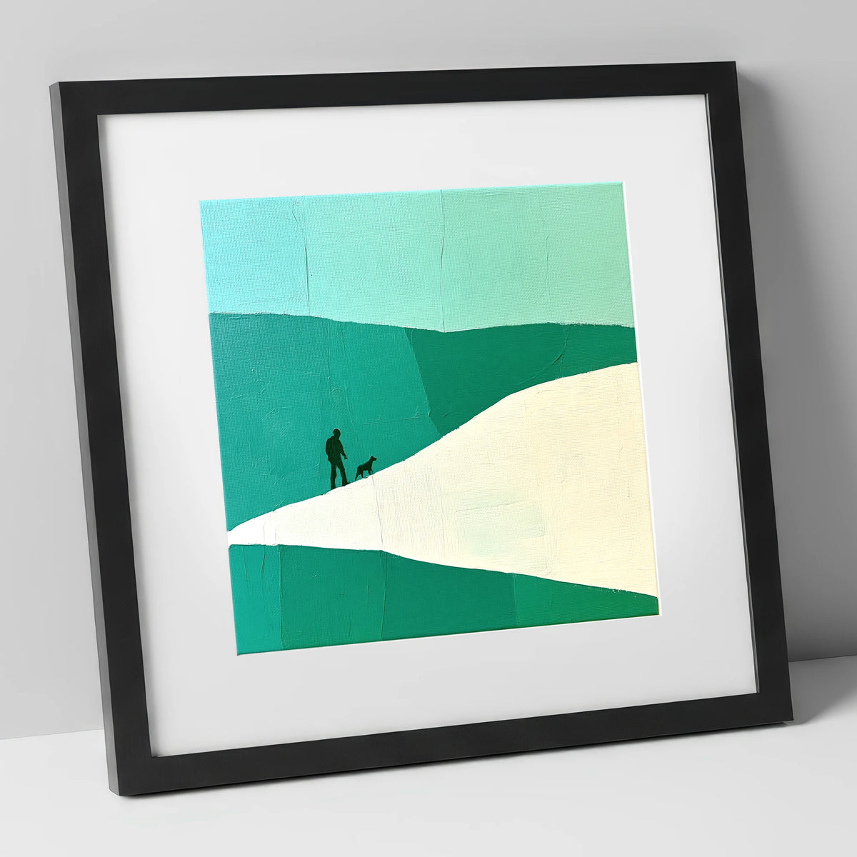 Teal and White Fell Walker gifts for dog walkers art print in black frame
