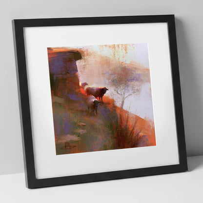 Herdwick Sheep on Sunlit Fellside lake district wildlife art print in black frame