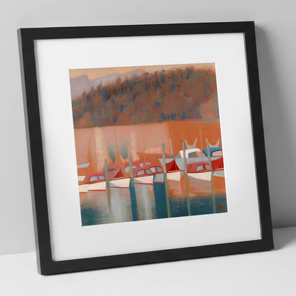 Windermere Boats in Terracotta Light lake district lake art print in black frame