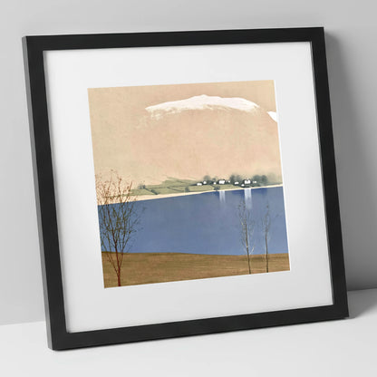 Winter Waters at Pooley Bridge lake district village art print in black frame