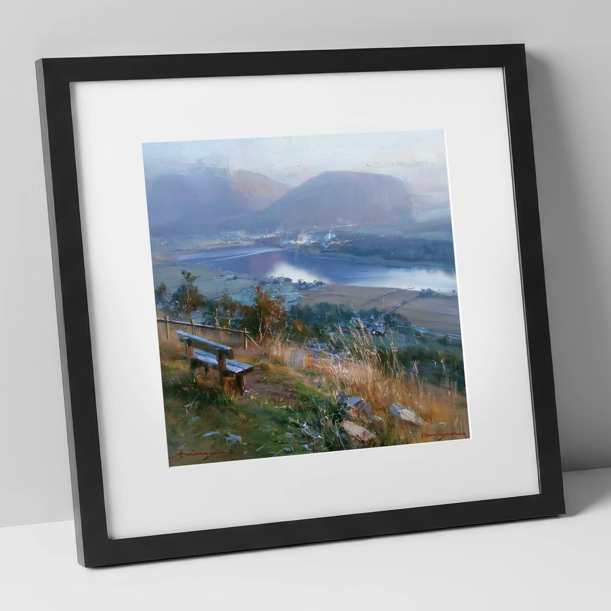 Elevated Bench Over Loweswater lake district lake art print in black frame