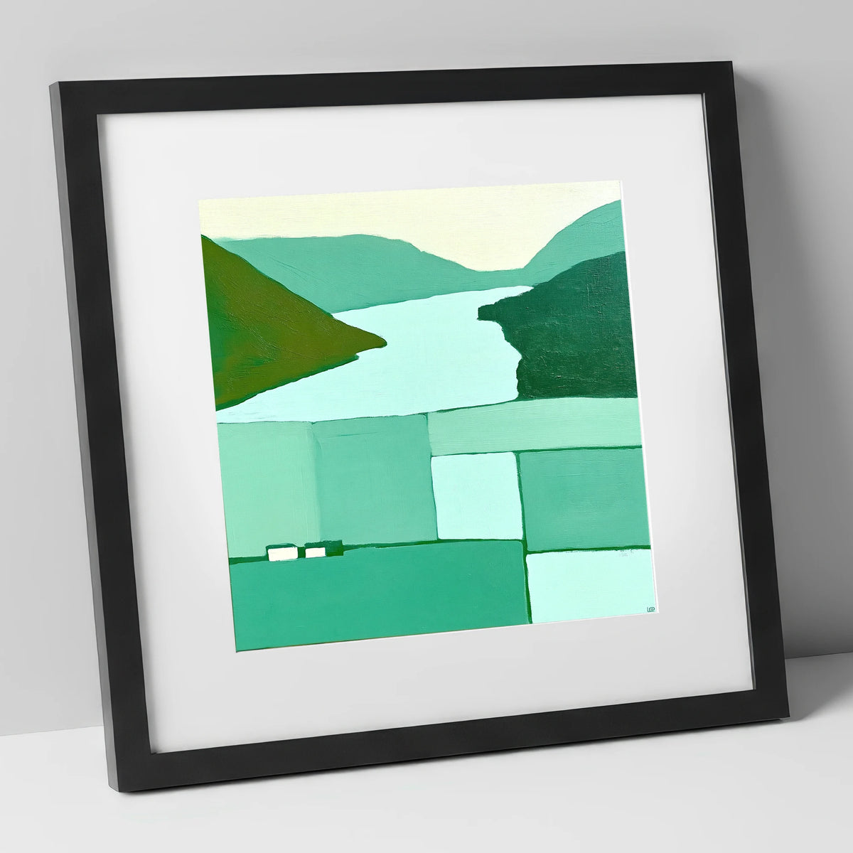 Abstract Loweswater In Mint Green lake district lake art print in black frame