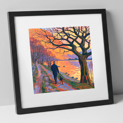 Vibrant Glenridding Sunset Dog Walk gifts for dog walkers art print in black frame