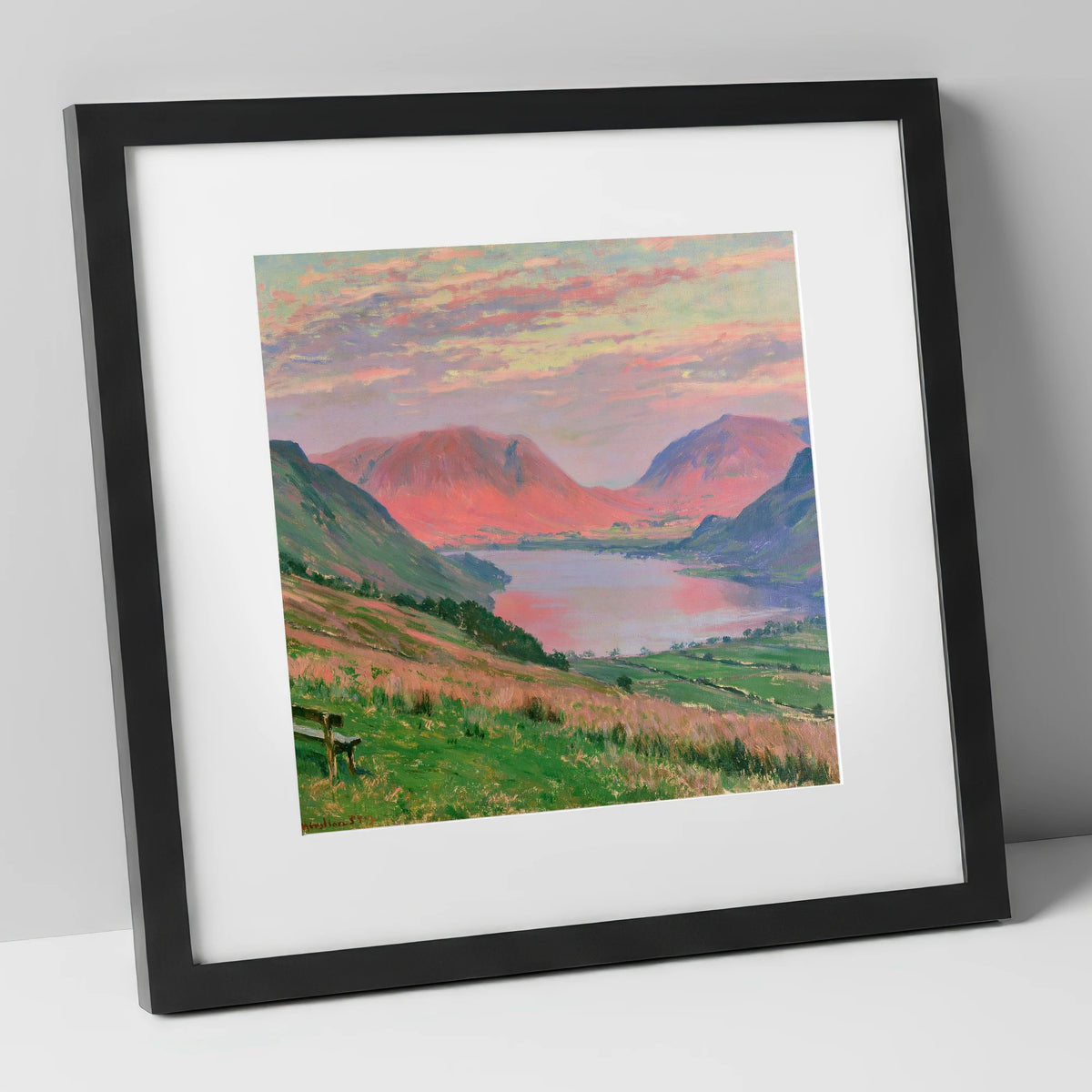 Loweswater Fells in Sunset Pink lake district lake art print in black frame