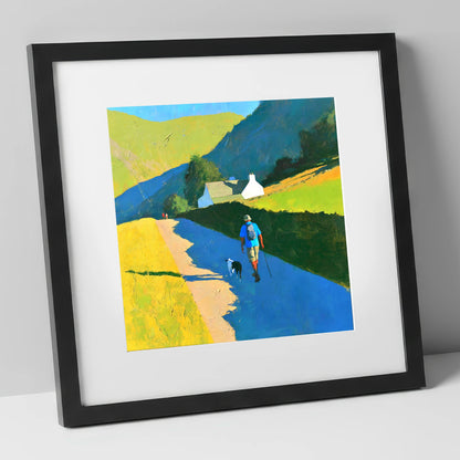 Sunlit Walker and Dog Near Patterdale gifts for dog walkers art print in black frame