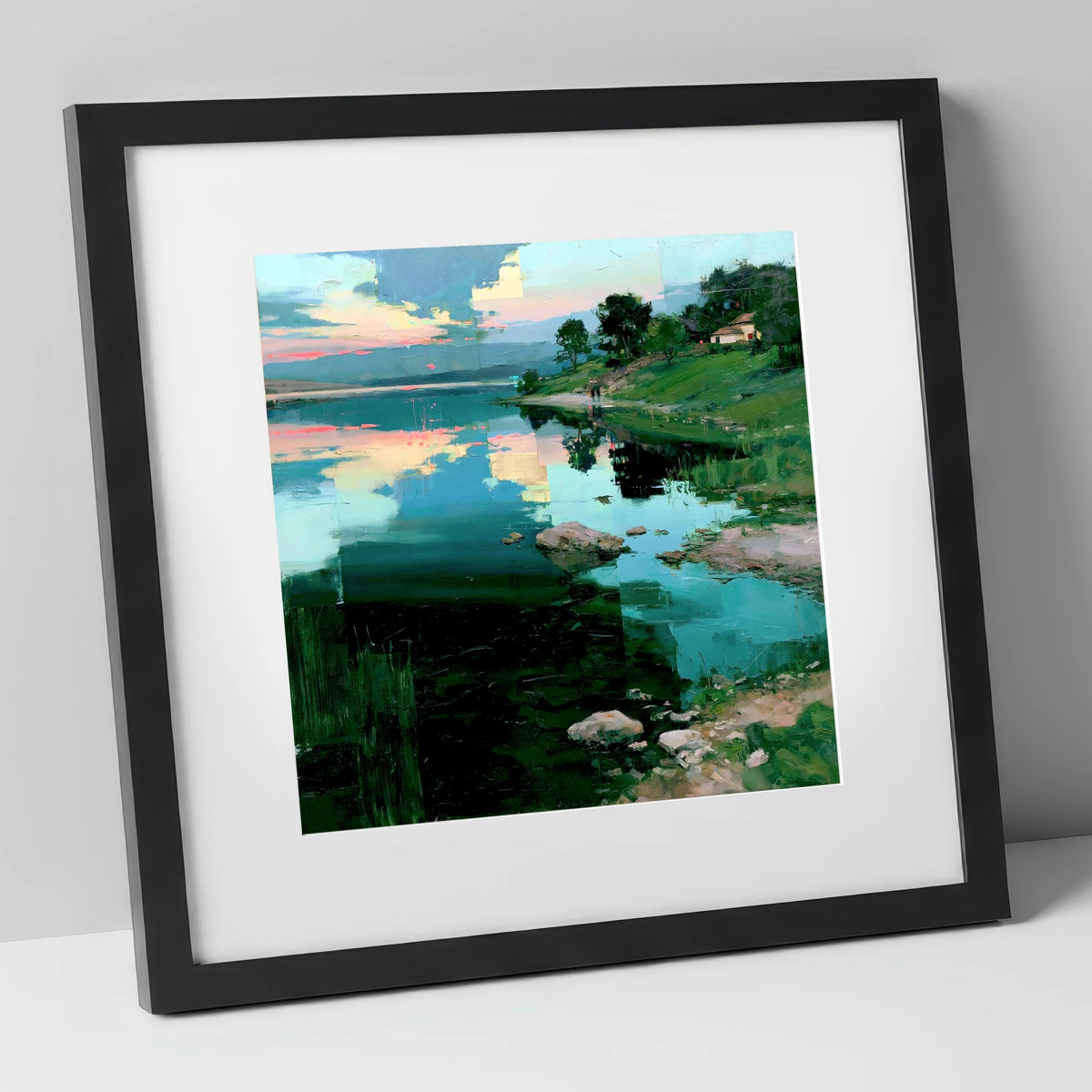 Pink Dawn Over Turquoise Lake lake district lake art print in black frame