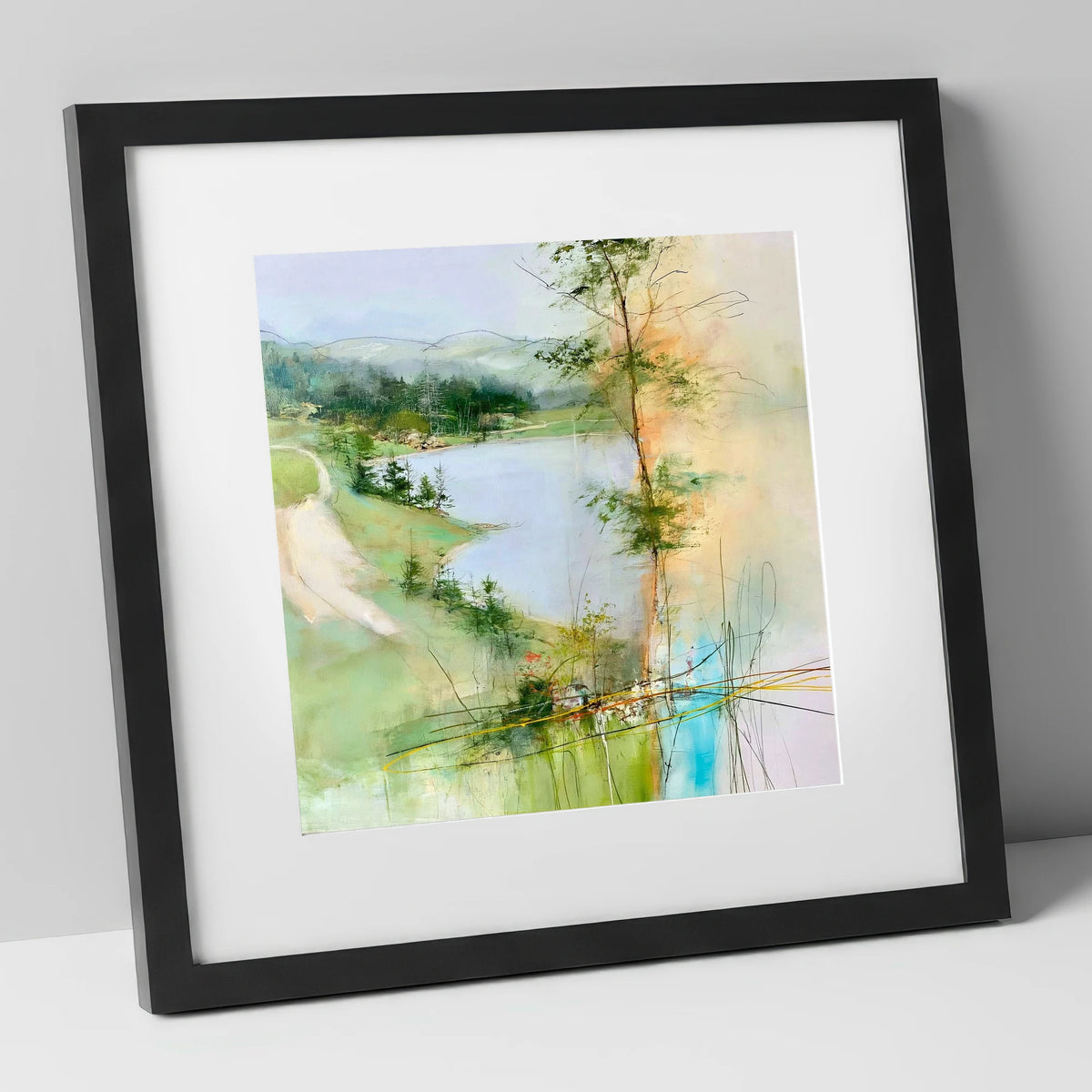 Tarn Hows in Spring Greens lake district lake art print in black frame