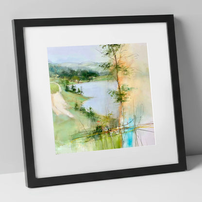 Tarn Hows in Spring Greens lake district lake art print in black frame