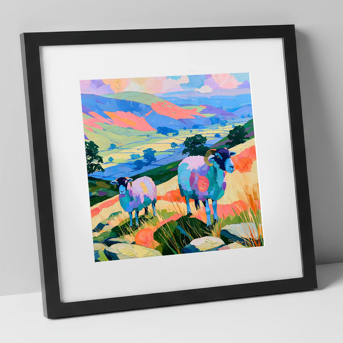 Vibrant Herdwick Sheep Fellside lake district wildlife art print in black frame
