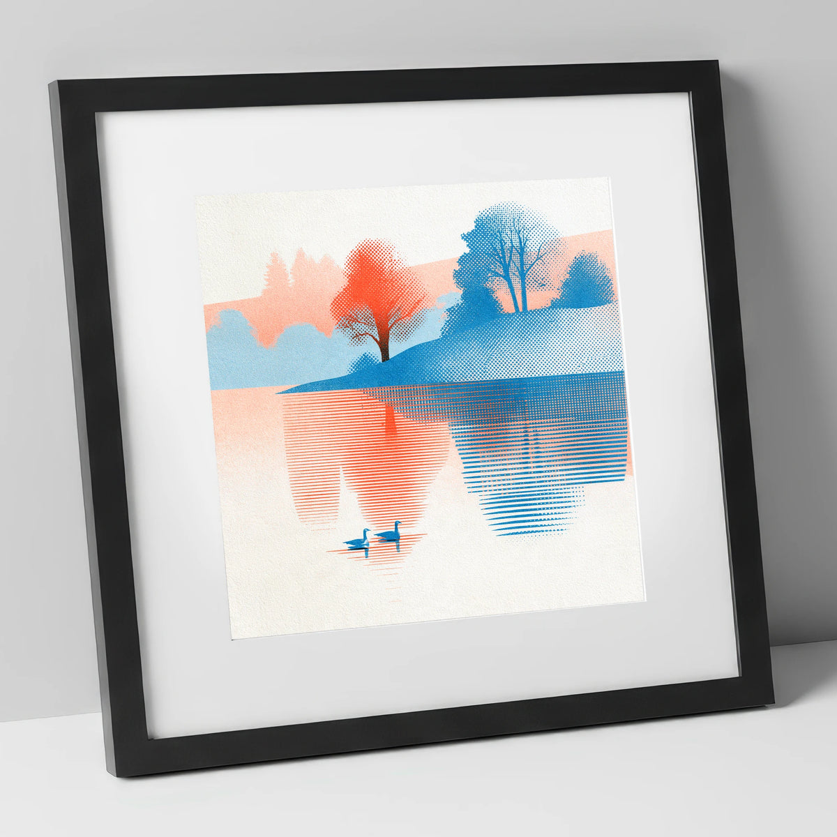 Still Lake at Coral Dawn lake district lake art print in black frame