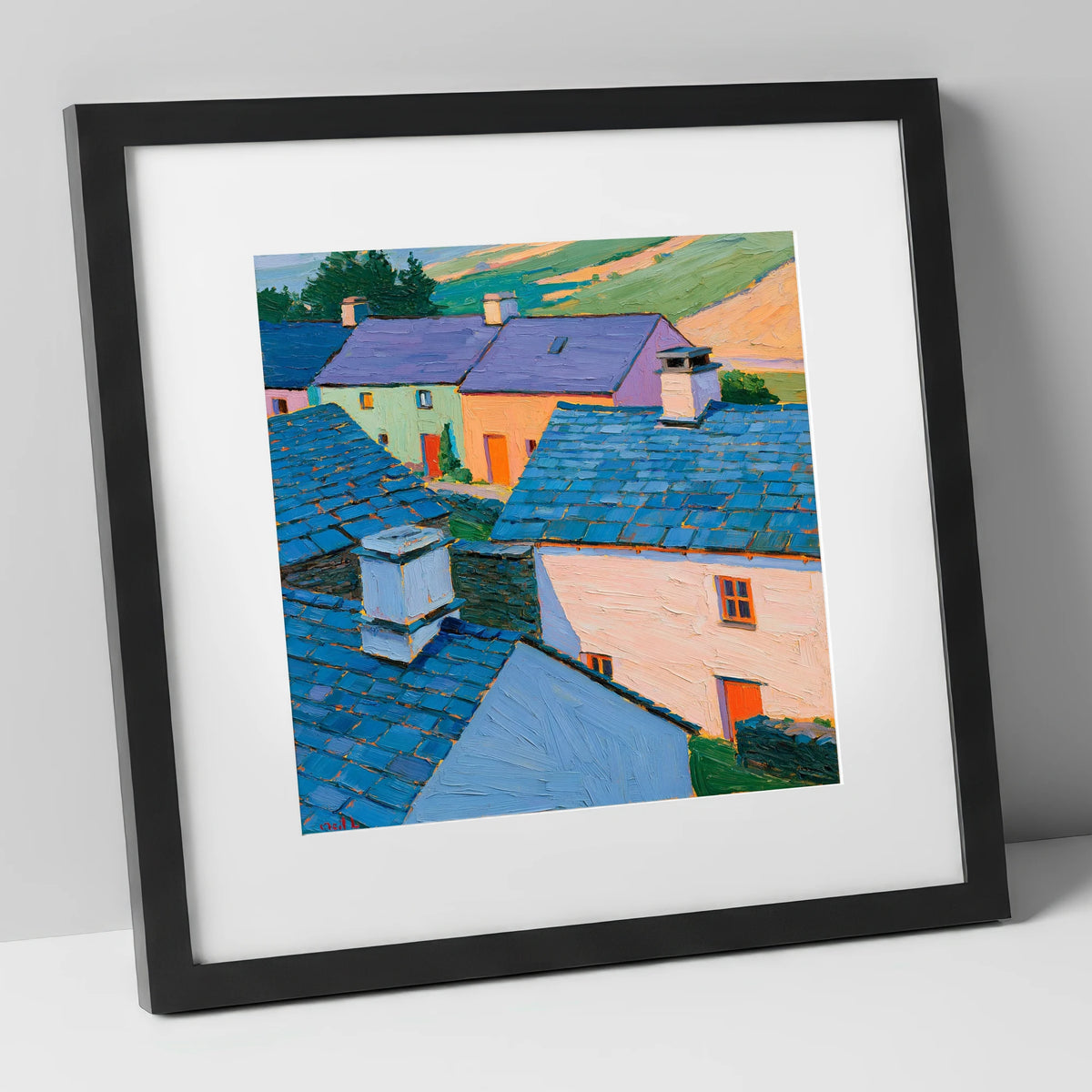 Colourful Slate Roofed Village Cottages lake district village art print in black frame