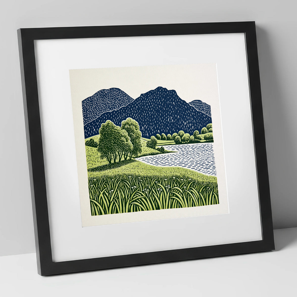 Grasmere Fells in Navy and Green lake district lake art print in black frame