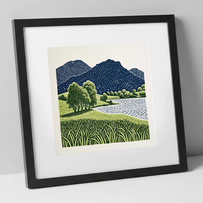 Grasmere Fells in Navy and Green lake district lake art print in black frame