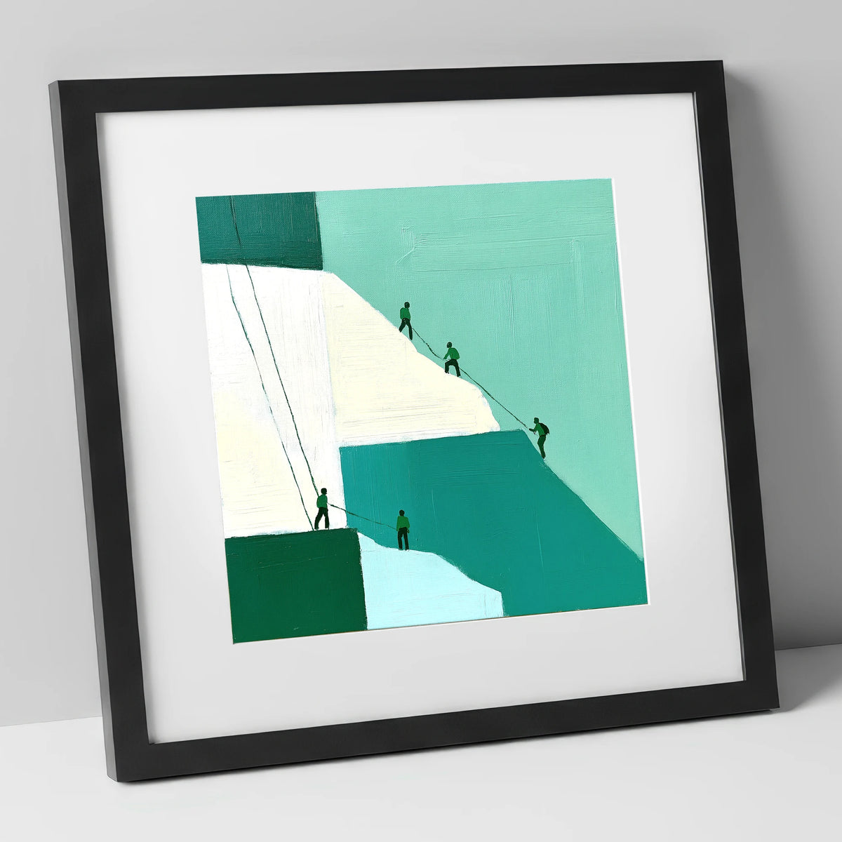 Climbers on a Teal Crag lake district walking art print in black frame