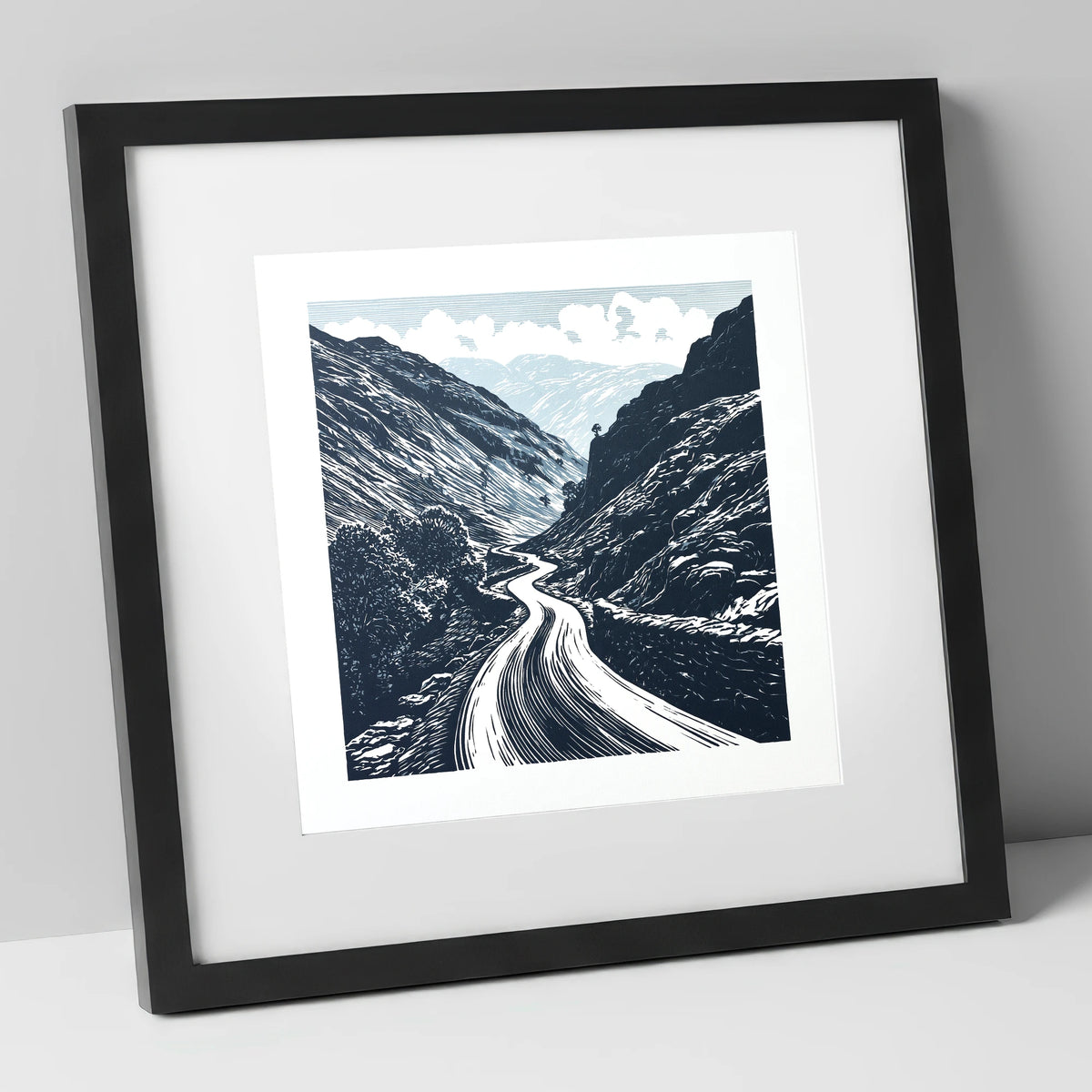 Navy Blue Hardknott Pass Road lake district valley art print in black frame