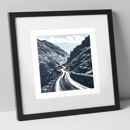Navy Blue Hardknott Pass Road lake district valley art print in black frame