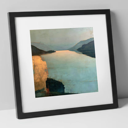 Distant Golden Light on Ullswater lake district lake art print in black frame