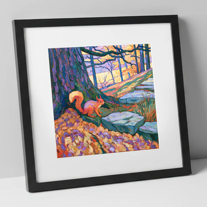Red Squirrel in Vibrant Woodland lake district wildlife art print in black frame