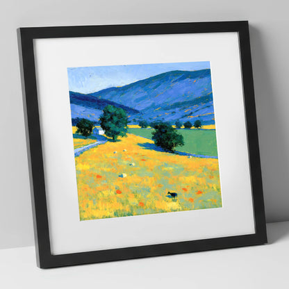 Golden Evening Fells and Pastures lake district sky art print in black frame