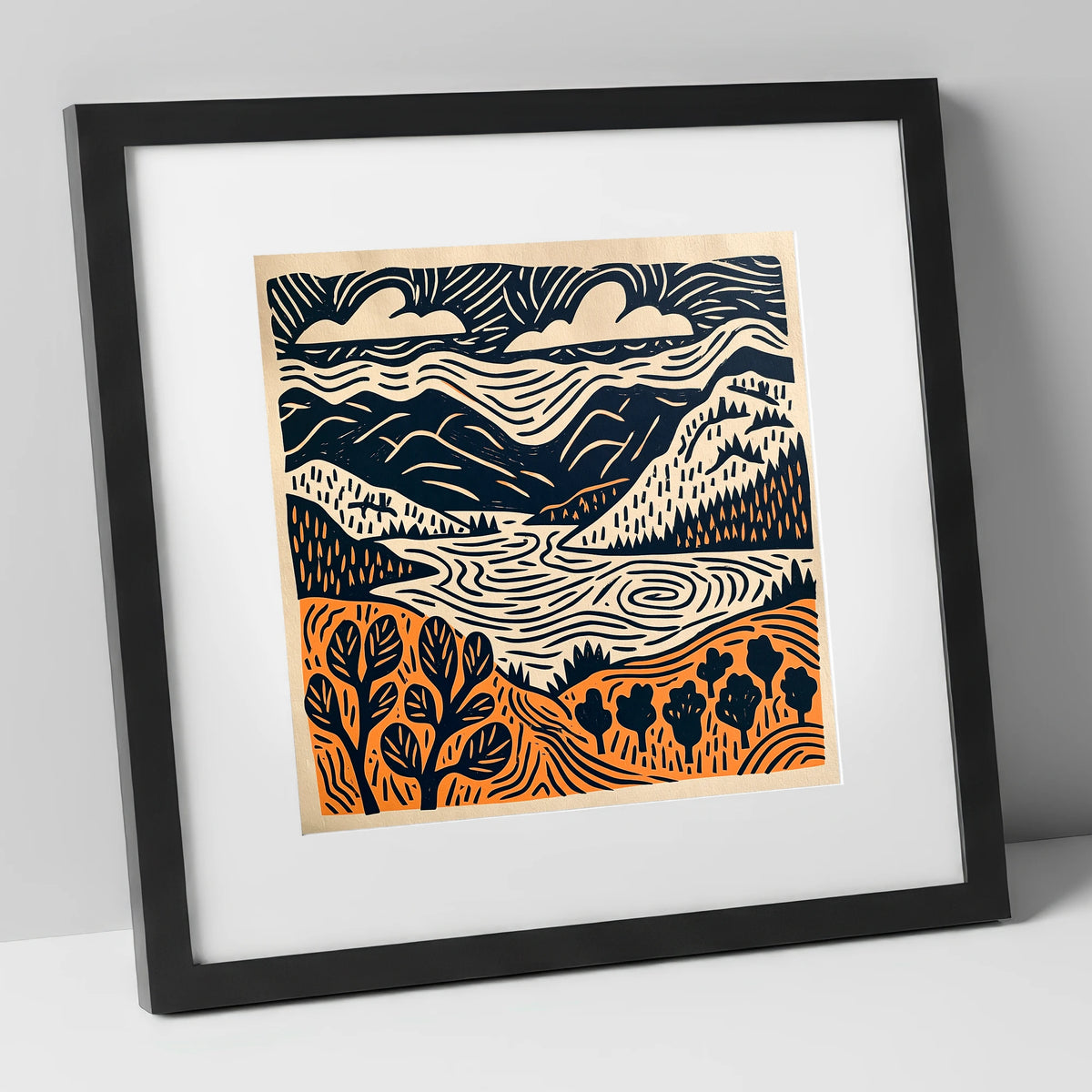 Winding Lake and Terracotta Fells lake district lake art print in black frame