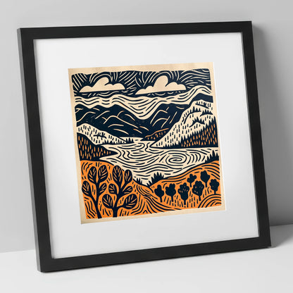 Winding Lake and Terracotta Fells lake district lake art print in black frame