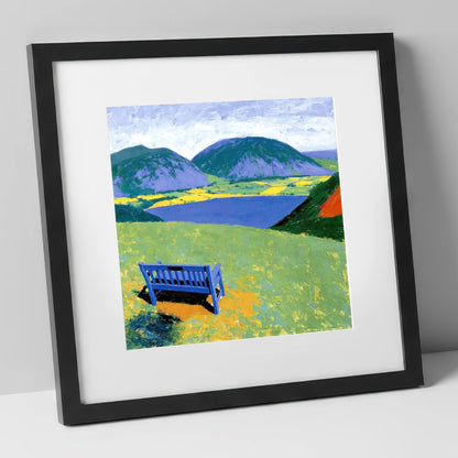Blue Bench Above Loweswater lake district lake art print in black frame