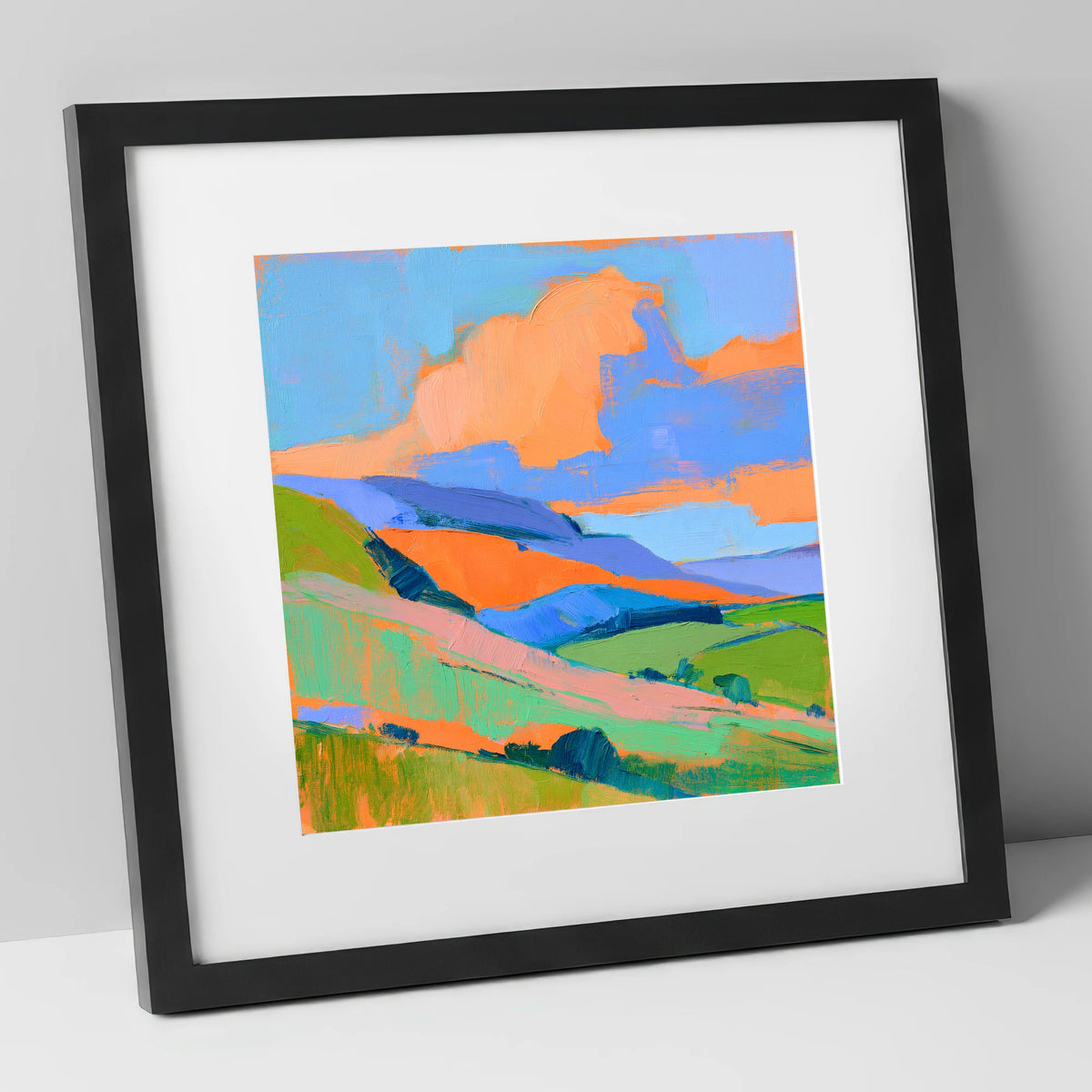 Orange Clouds Over Rolling Fells lake district fell art print in black frame