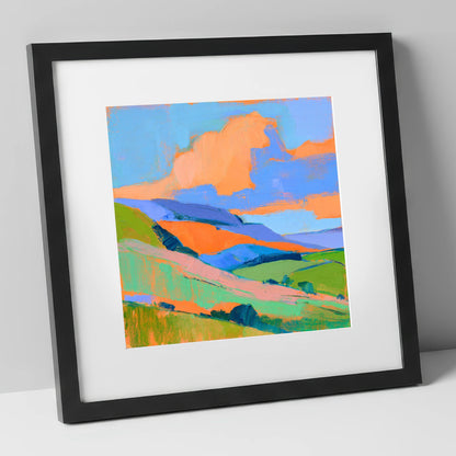 Orange Clouds Over Rolling Fells lake district fell art print in black frame