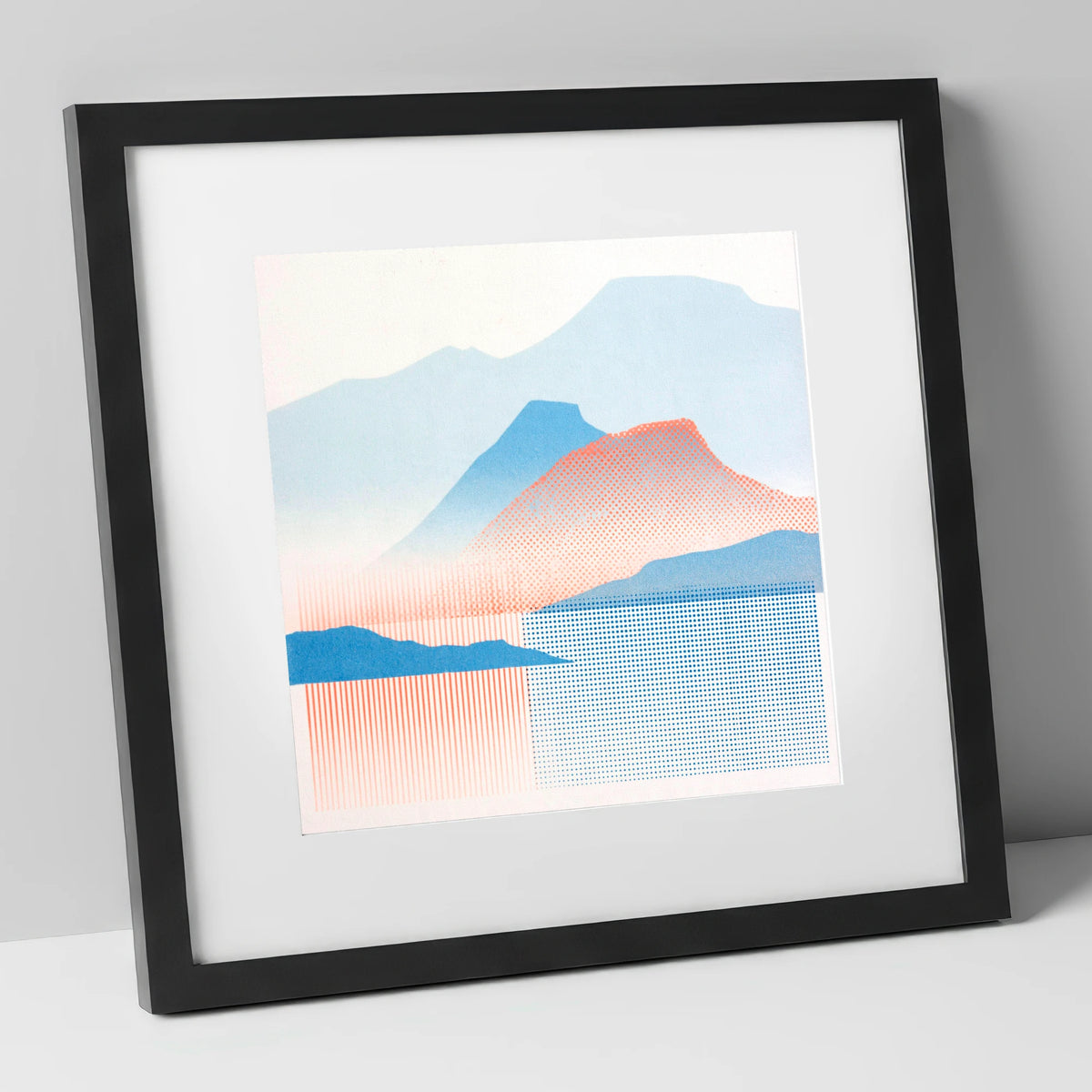 Catbells in Coral and Blue lake district fell art print in black frame