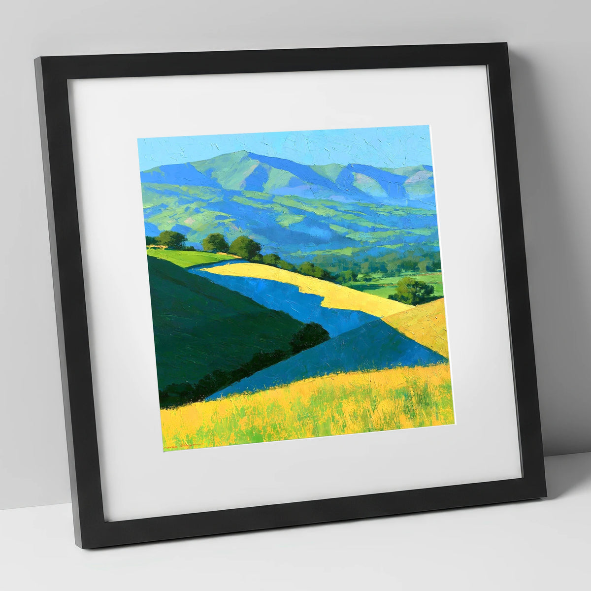 Sunlight and Cloud Shadows over Fells lake district sky art print in black frame