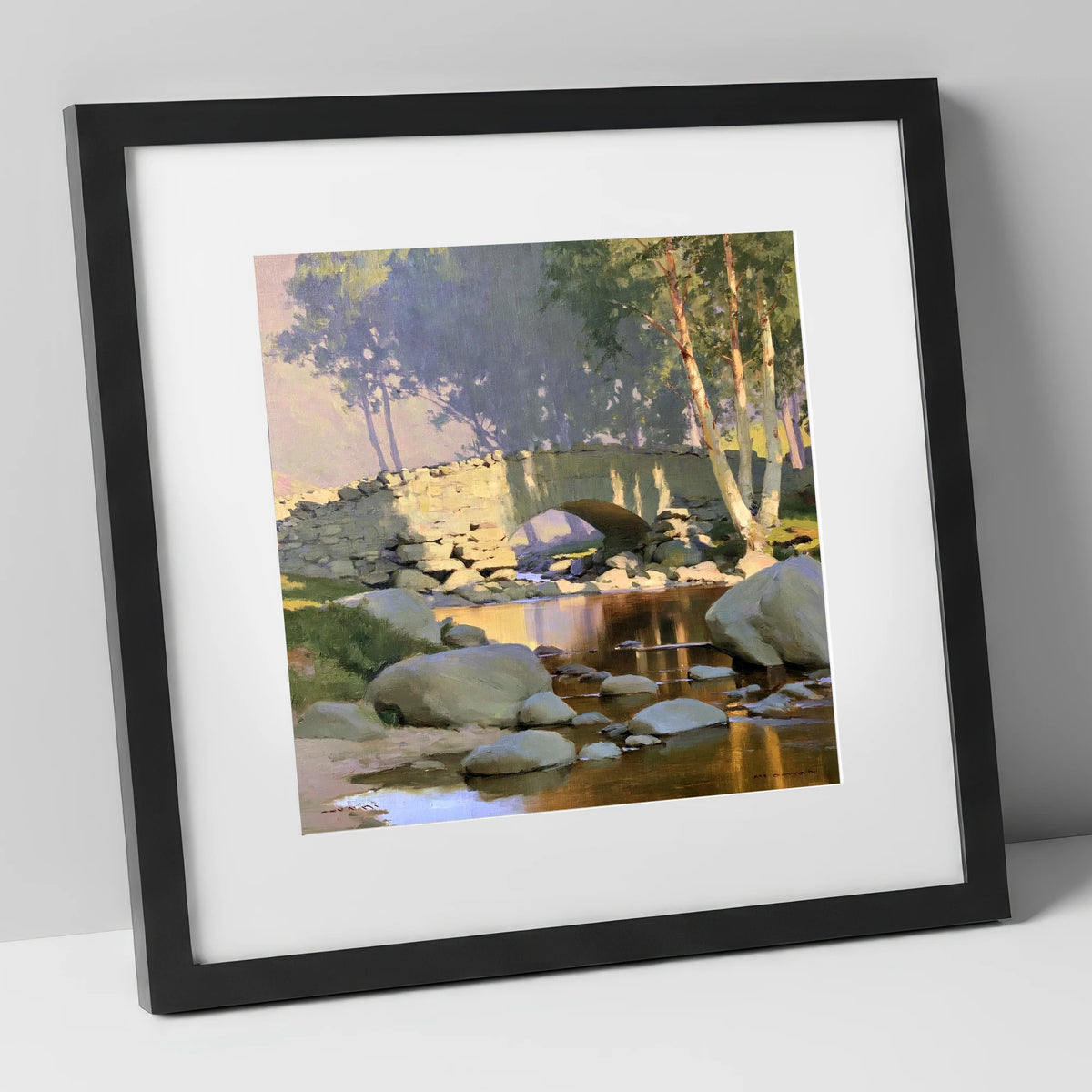 Sunlit Arched Bridge Over Beck lake district waterfall art print in black frame