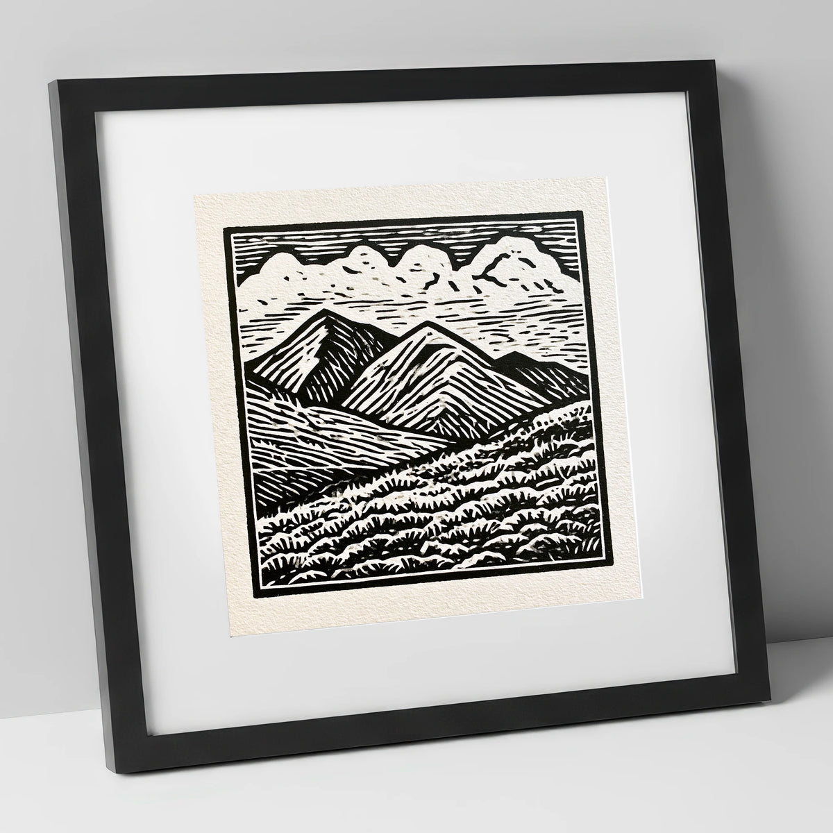 Monochrome Rolling Fells Under Cloud lake district fell art print in black frame