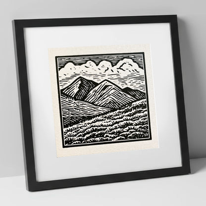 Monochrome Rolling Fells Under Cloud lake district fell art print in black frame