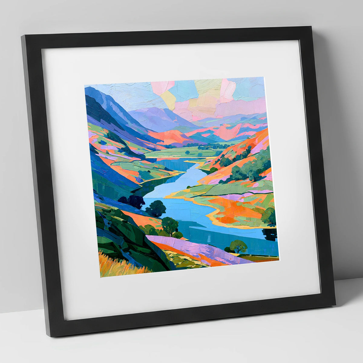 Vibrant Valley Lake and Fells lake district lake art print in black frame