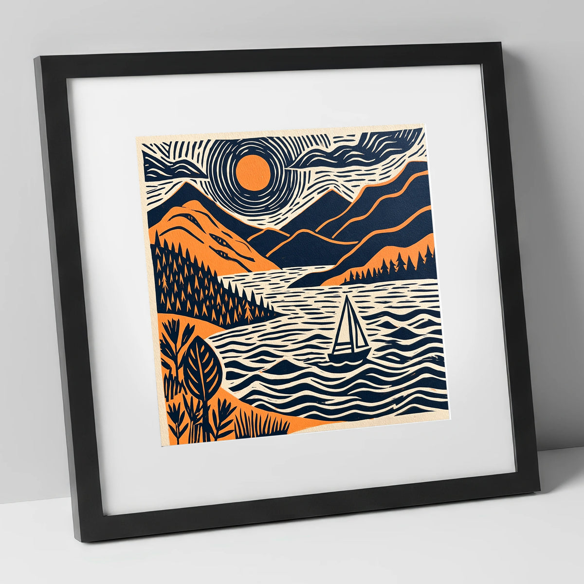 Windermere Sailboat Beneath Radiating Sun lake district lake art print in black frame
