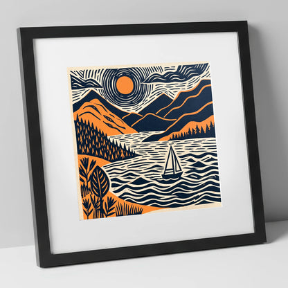 Windermere Sailboat Beneath Radiating Sun lake district lake art print in black frame